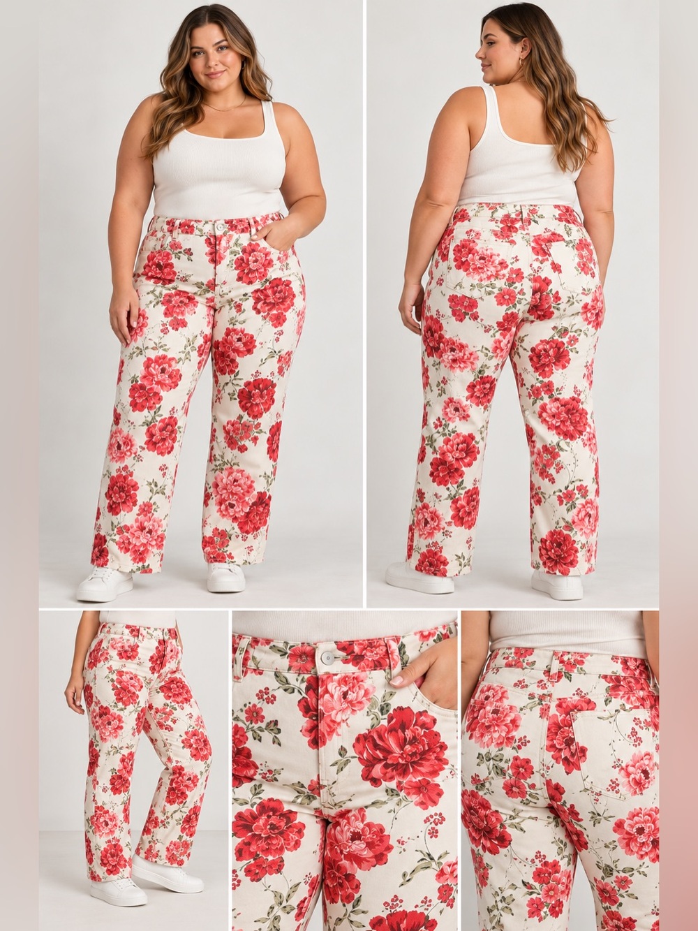 Ava & Viv Rose Print High-Rise Straight Leg Jeans Plus NWT
